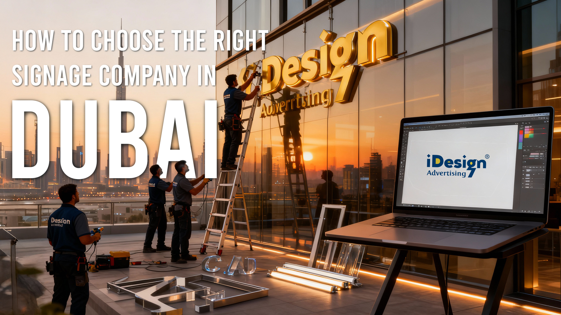 Signage installation team mounting illuminated 3D letters on a commercial building in Dubai, showing the process of choosing a professional signage company.